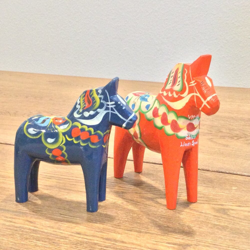 Vintage Swedish Wood Dala Horse John Gudmunds Red + Blue